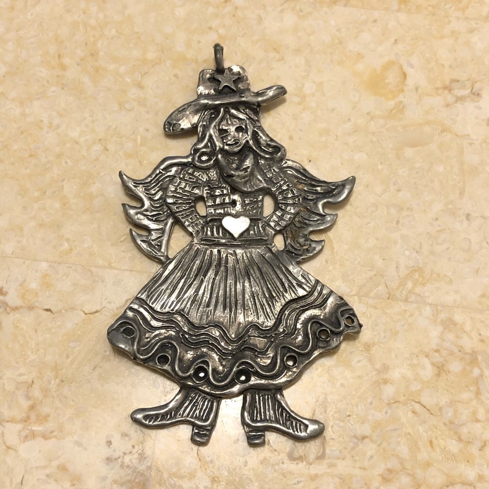 Large Pewter Cowgirl Pendant or Christmas Ornament 4”